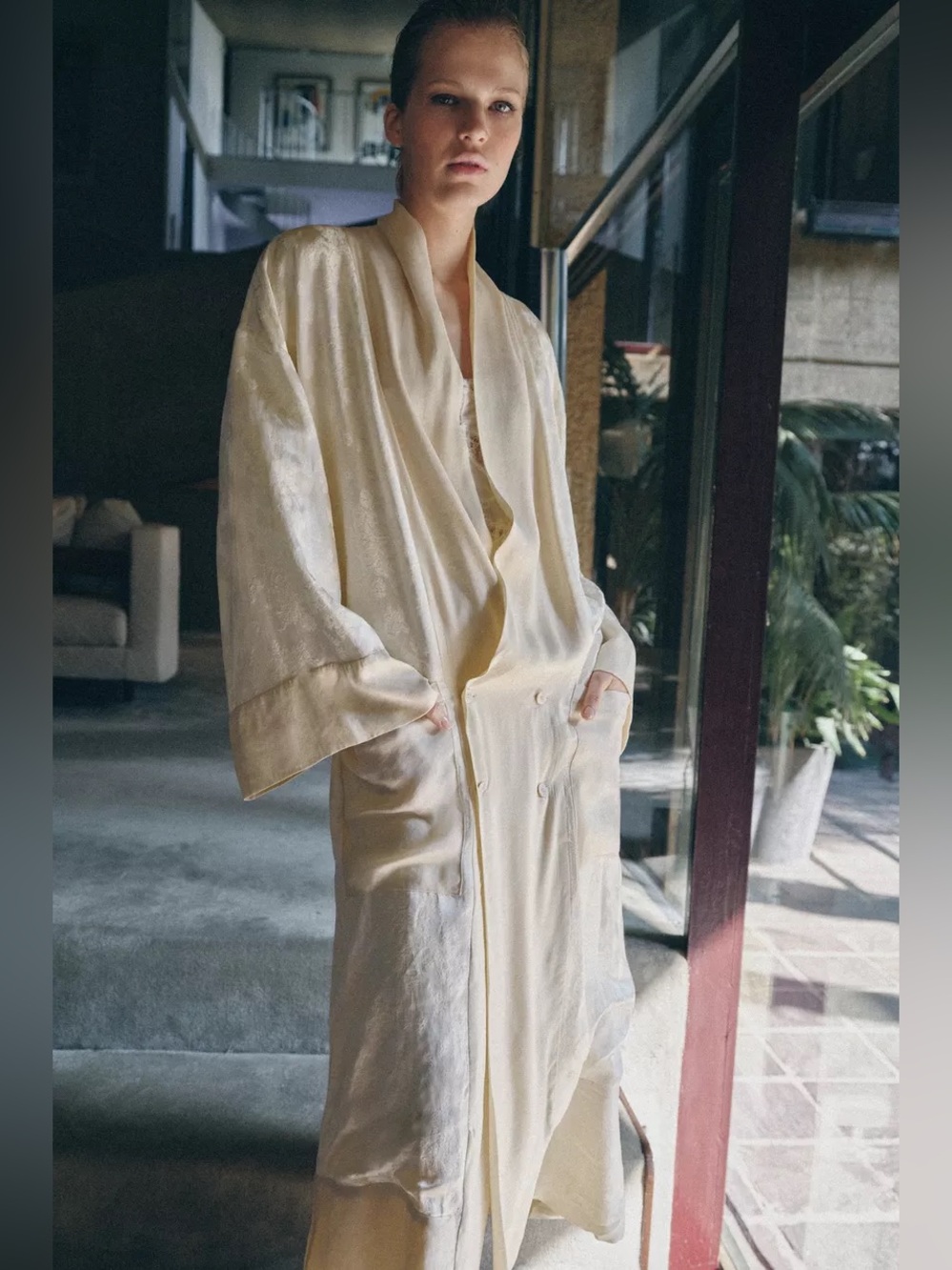 Zara Minimalist Linen Vanilla Cream Longline Coat Kimono Kaftan Robe